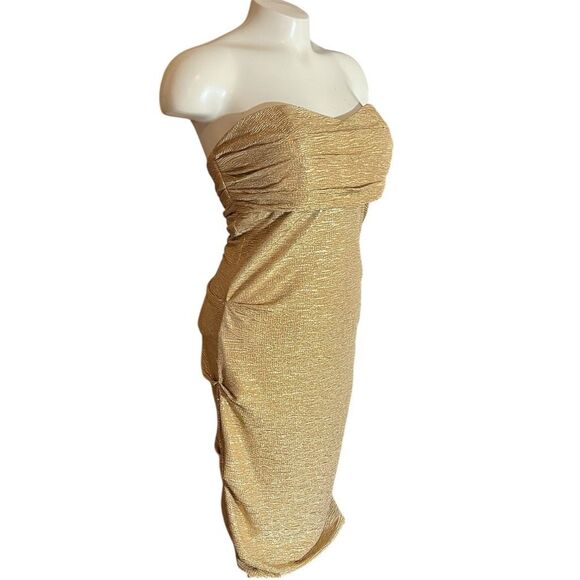 Rubber Duckie Gold Sparkling Strapless Ruched Dress Disco Cocktail - Picture 3 of 10